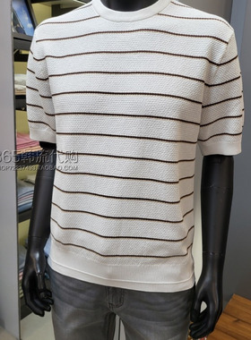 BASSO HOMME韩国代购2025年夏季圆领白色条纹青春活力针织短袖T恤