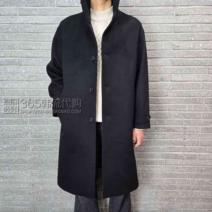 BASSOHOMME韩国代购2024年冬季黑色立领单排扣羊毛羊绒呢大衣外套