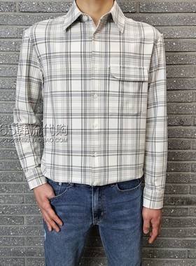 BASSO HOMME韩国代购24年秋季韩版乳白色方领格子休闲长袖衬衫男