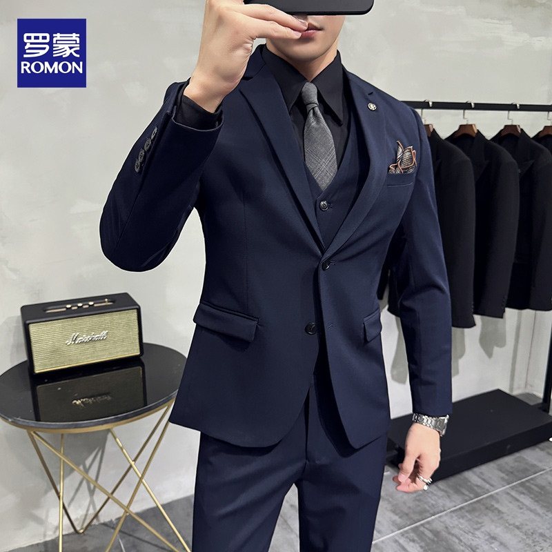 罗蒙西服套装男士商务职业正装修身西装新郎结婚礼服休闲纯色外套