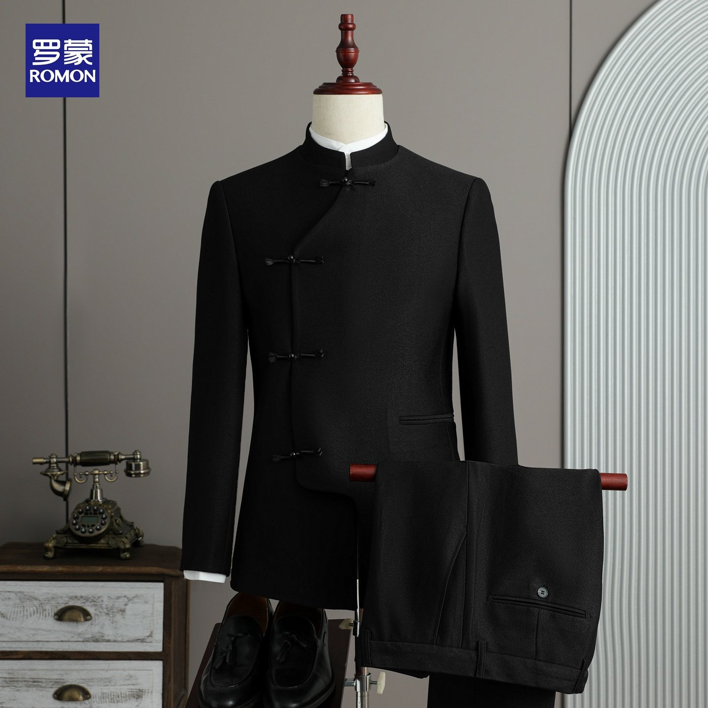 罗蒙新中式西服套装男士中国风商务正装休闲西装订婚新郎结婚礼服