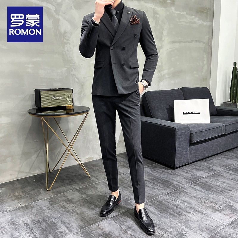 罗蒙双排扣西服套装男士商务休闲正装新郎西装结婚礼服高级感外套