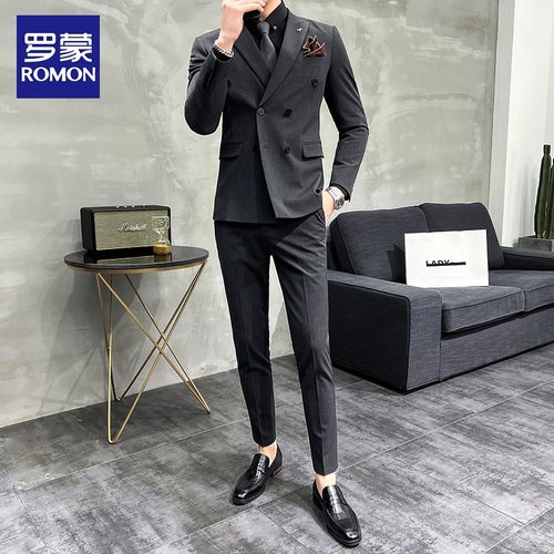 罗蒙新郎西装男套装双排扣礼服