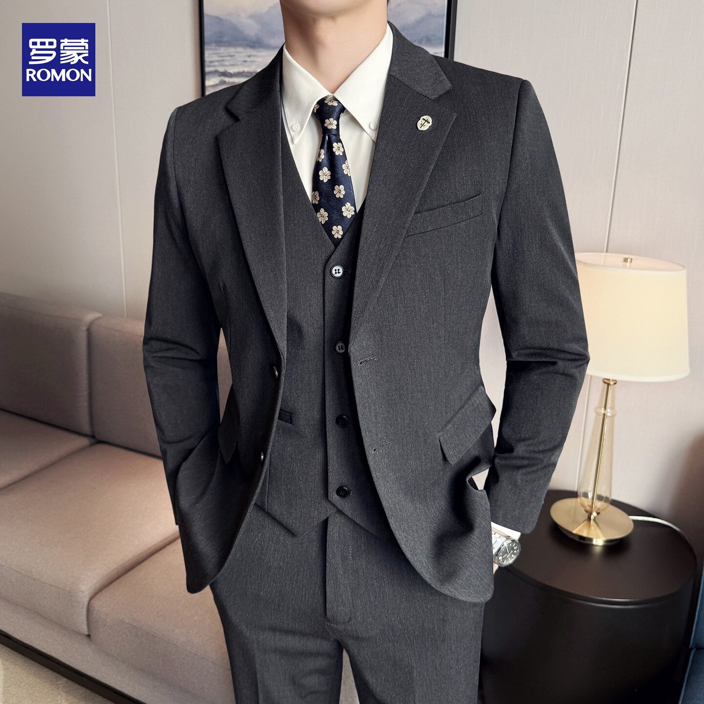 罗蒙西装男套装商务职业正装高级感修身西服新郎结婚礼服休闲外套