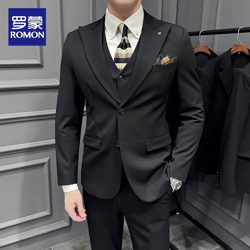 罗蒙西服套装男士商务正装上班修身小西装新郎结婚礼服高级感外套