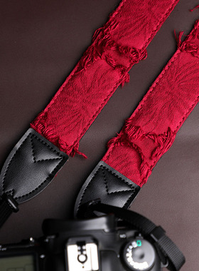 暗红色补丁流苏相机背带可斜挎单反肩带适用尼康富士索尼佳能减压
