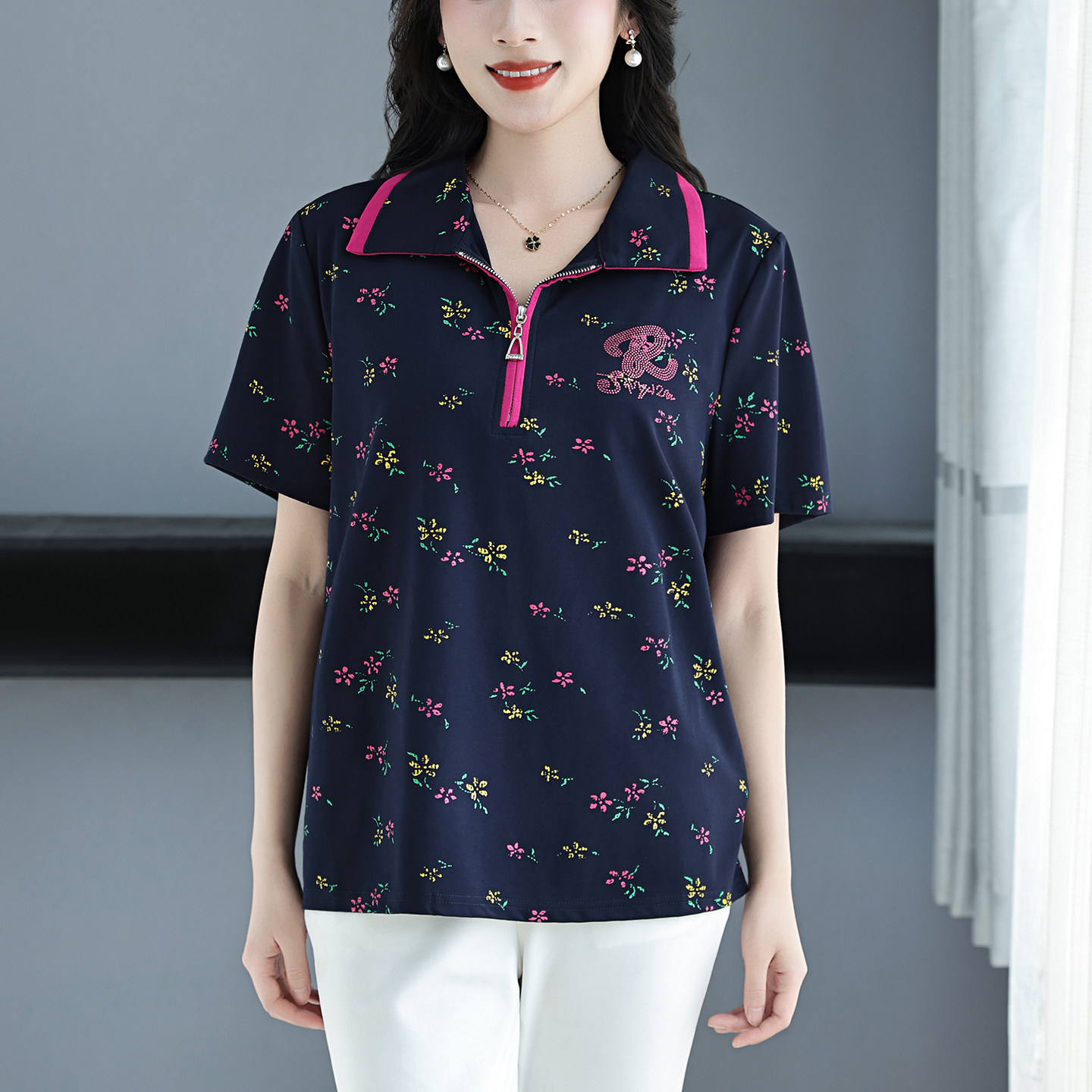 中老年女款大码t恤妈妈装短袖上衣翻领碎花小衫加肥加大胖人衣服