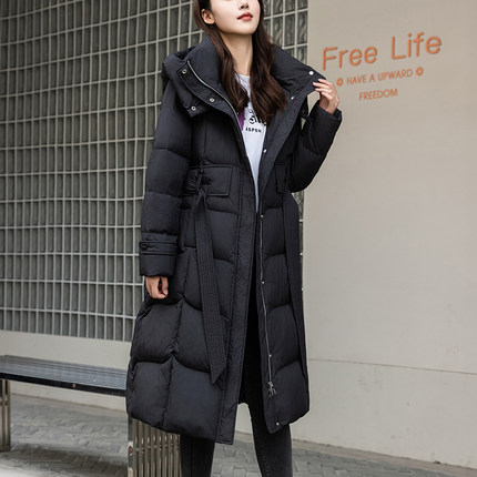 高档轻奢羽绒服女冬季新款淑女气质收腰显瘦绑带过膝长款加厚连帽