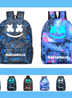 电音DJ棉花糖marshmello书包时尚格子双肩包韩版休闲运动背包