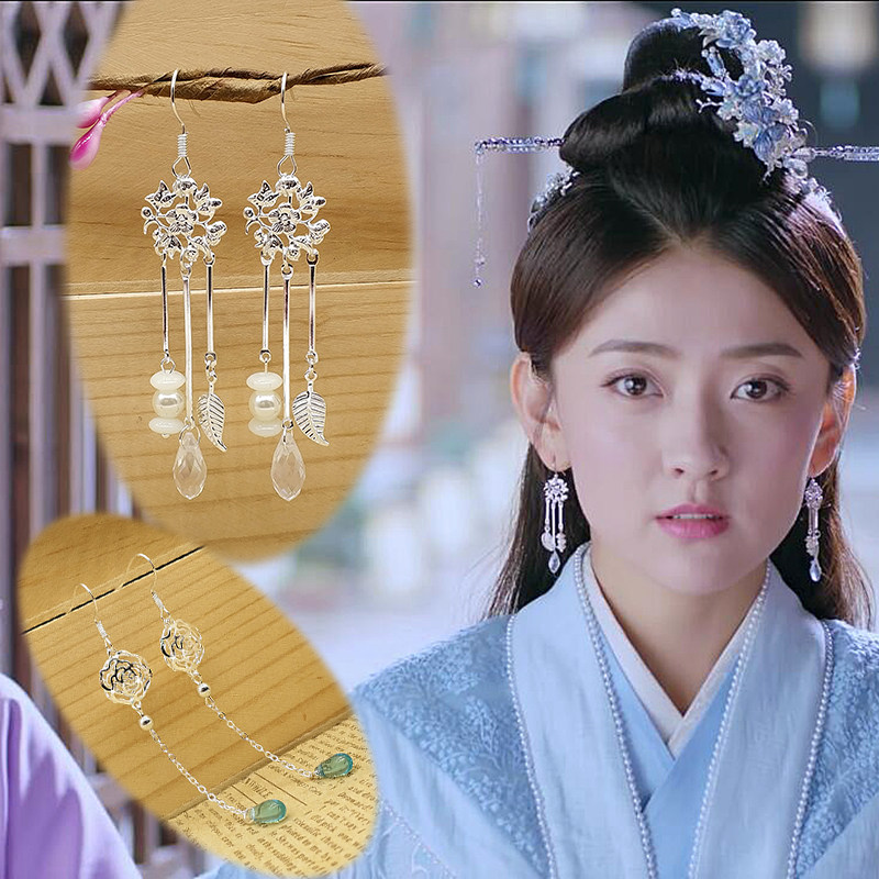 曲檀儿同款双世宠妃2耳环玫瑰花坠流苏古装汉服925银钩耳夹耳饰女