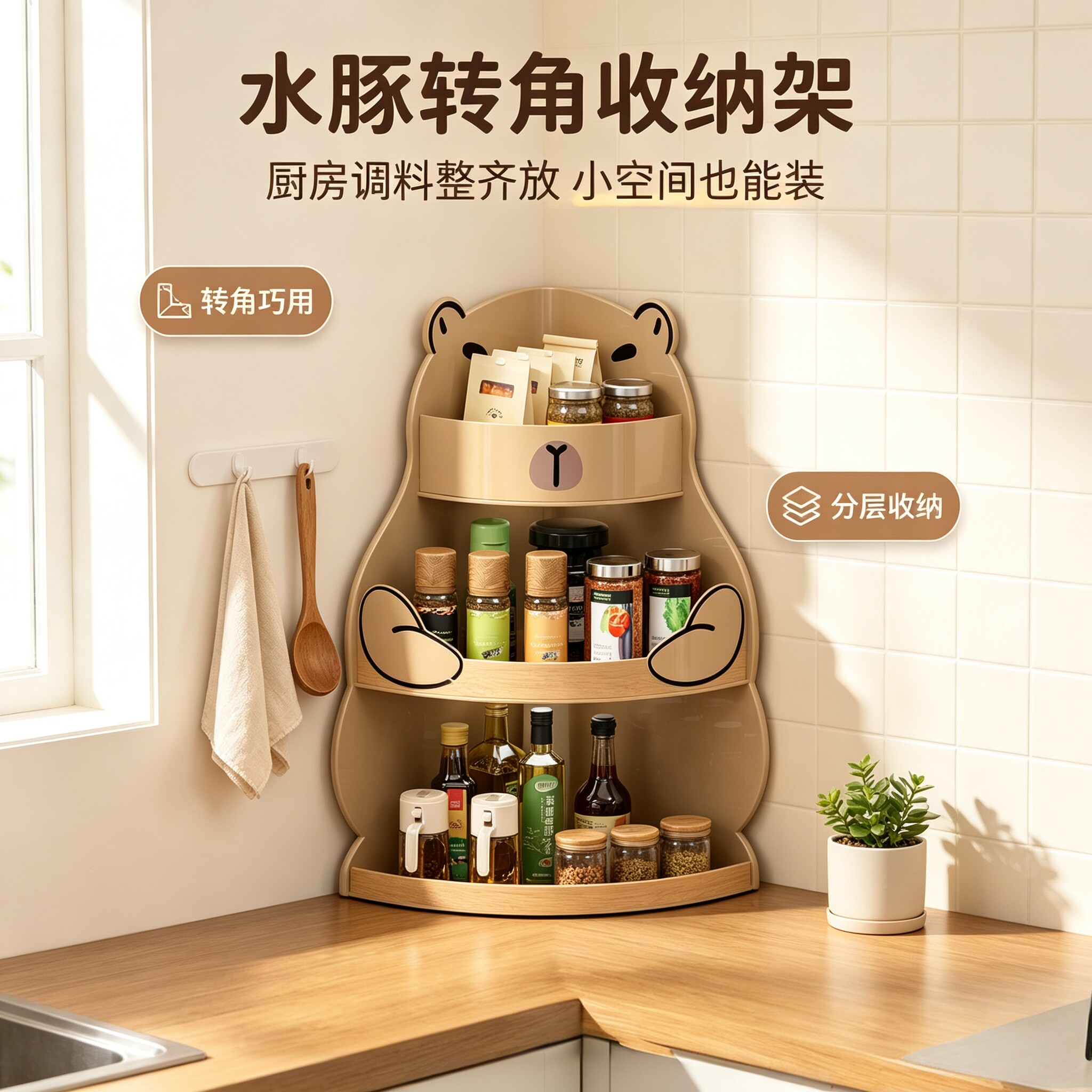 卡皮巴拉转角调料架厨房台面多层调味品置物架角落酱油瓶收纳架子
