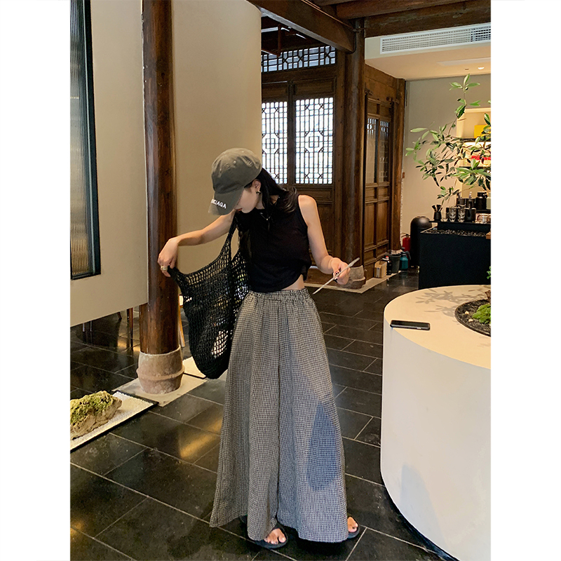 A7seven夏季黑色短款工字小背心女外穿格子阔腿裤女时尚休闲套装