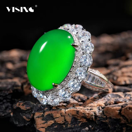 VISING珠宝天然绿玉髓巨无霸鸽子蛋戒指爆闪奢华镶嵌