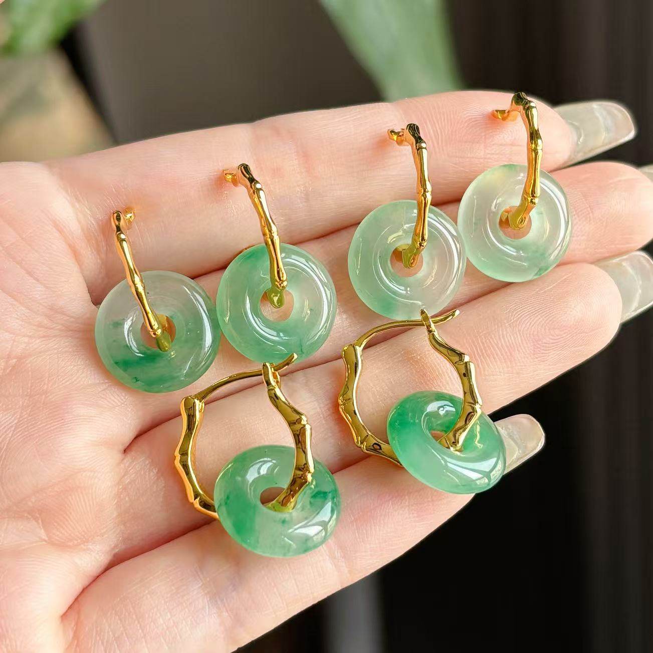 VISING珠宝天然非洲翠甜甜圈平安扣黄金色竹节耳环S925