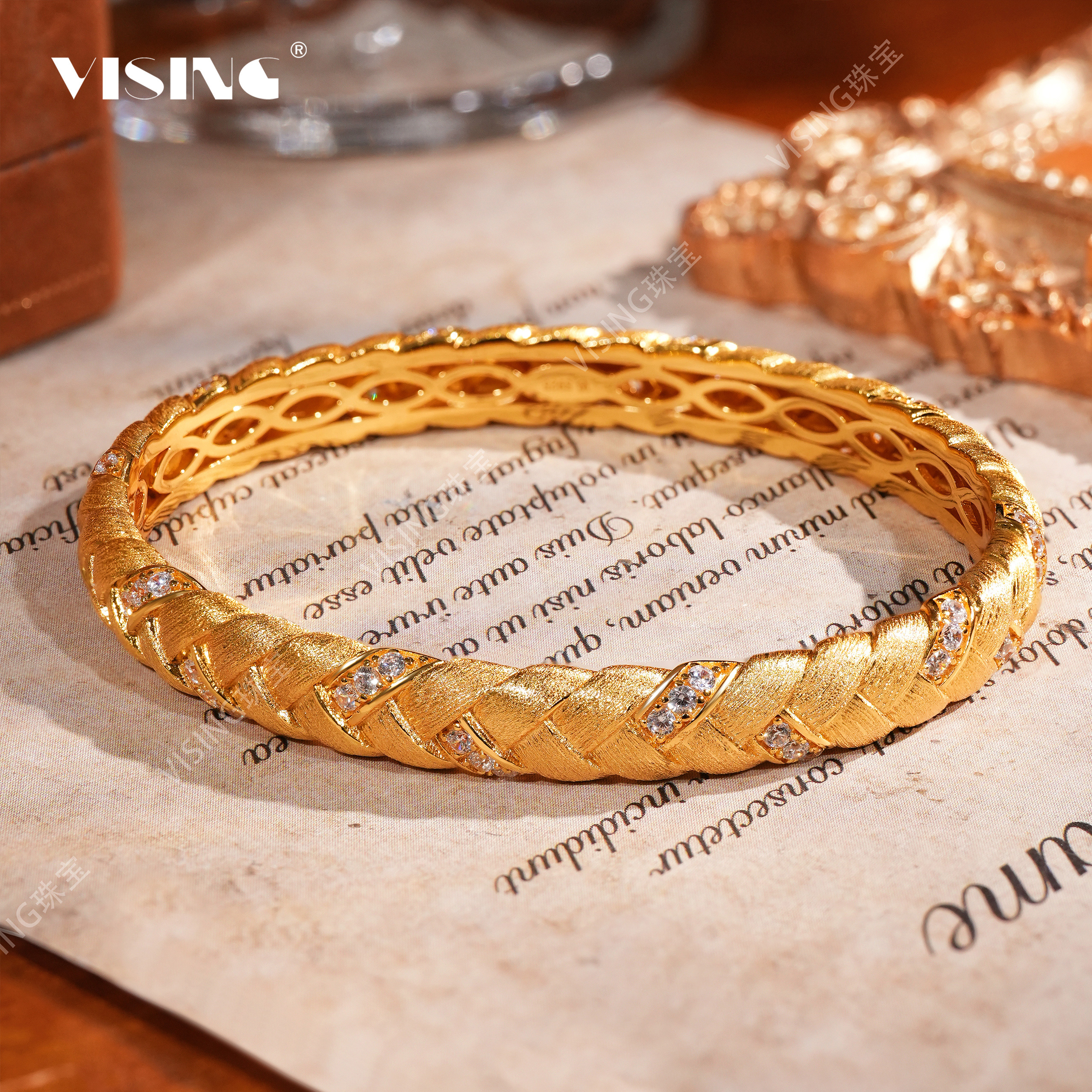 VISING金色大麦麦穗纯手工拉丝克丝贵妃23-26克超重银手镯