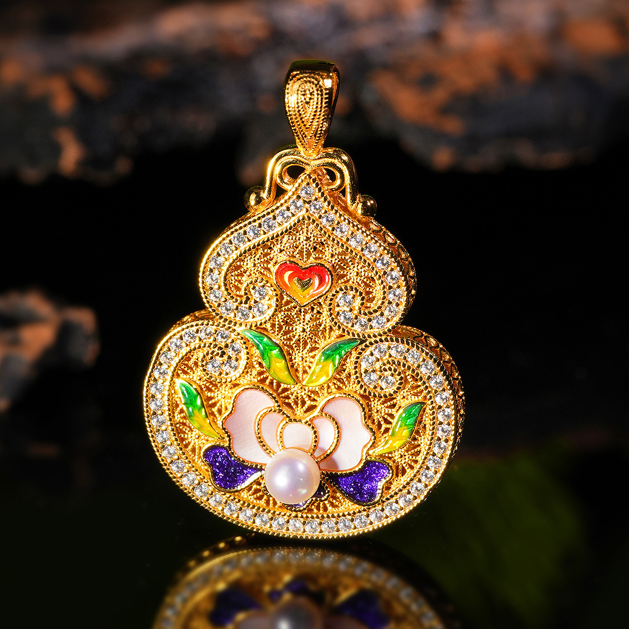 VISING珠宝【富贵福禄】金色花丝镶嵌贝母珐琅工艺葫芦吊坠S925银