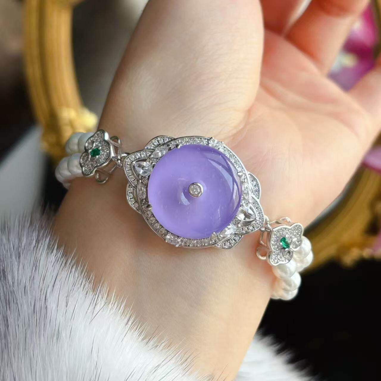 VISING珠宝紫罗兰紫色垫色水沫子平安扣贝珠手链腕带S925银镀金