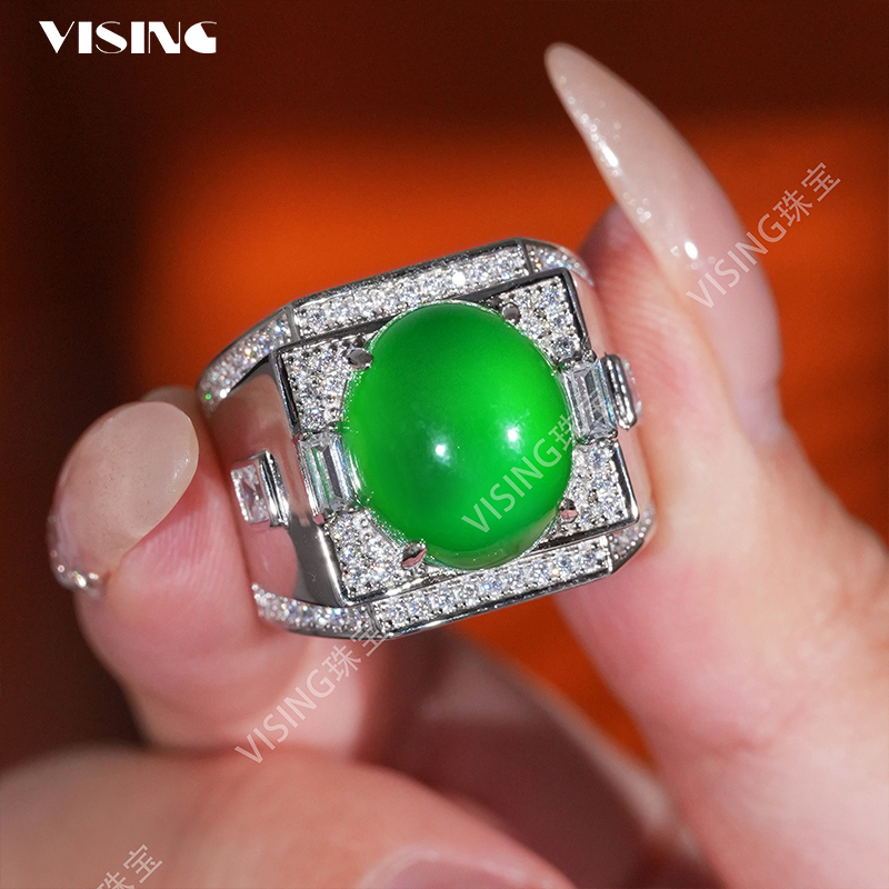 VISING马料绿玉髓玛瑙马鞍男款戒指手饰媲美翡翠