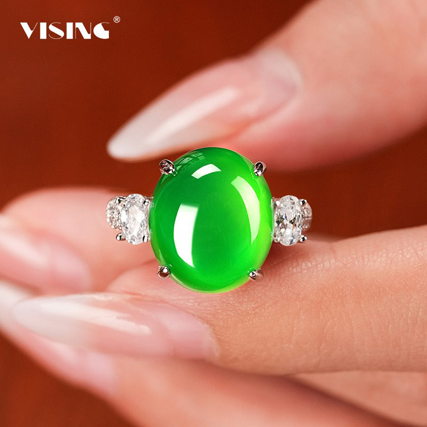VISING马料绿玉髓玛瑙戒指甜筒手饰镶嵌气质大方媲美翡翠S925银,珠宝/钻石/翡翠,手饰,淘宝优惠券,粉丝福利购,淘宝优惠卷