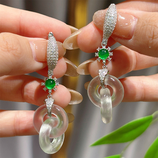 VISING珠宝天然石英质玉水沫玉双环耳坠耳环环环相扣中式 媲美翡翠