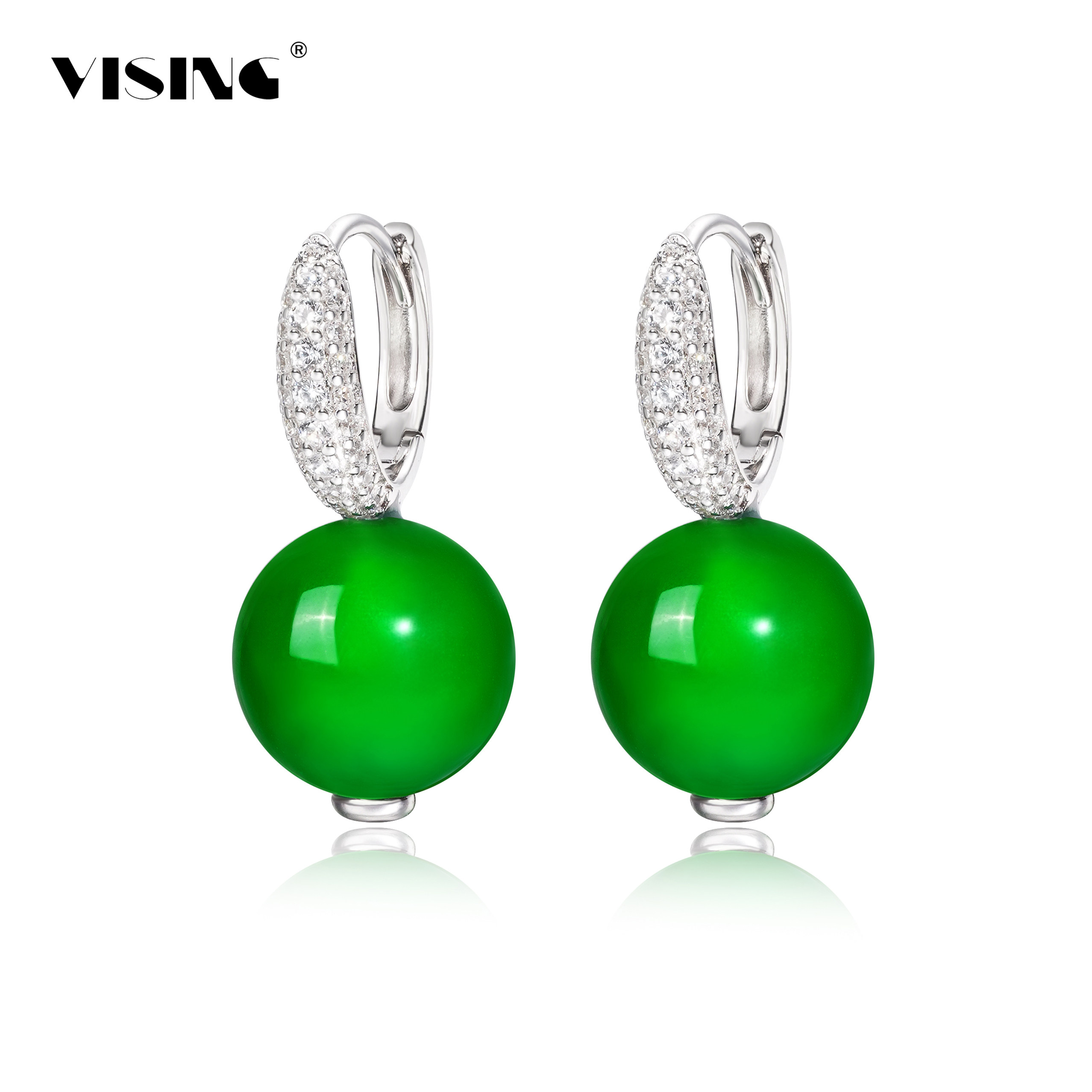 VISING珠宝天然绿玉髓玛瑙珠珠耳钉耳环耳饰10mm蛋面