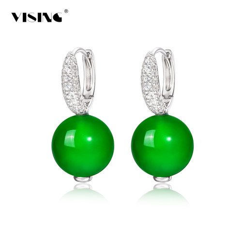 VISING珠宝天然绿玉髓玛瑙珠珠耳钉耳环耳饰10mm蛋面