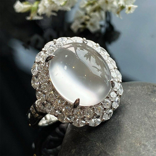 VISING天然水沫玉缅甸石英岩玉鸽子蛋戒指强莹光S925银