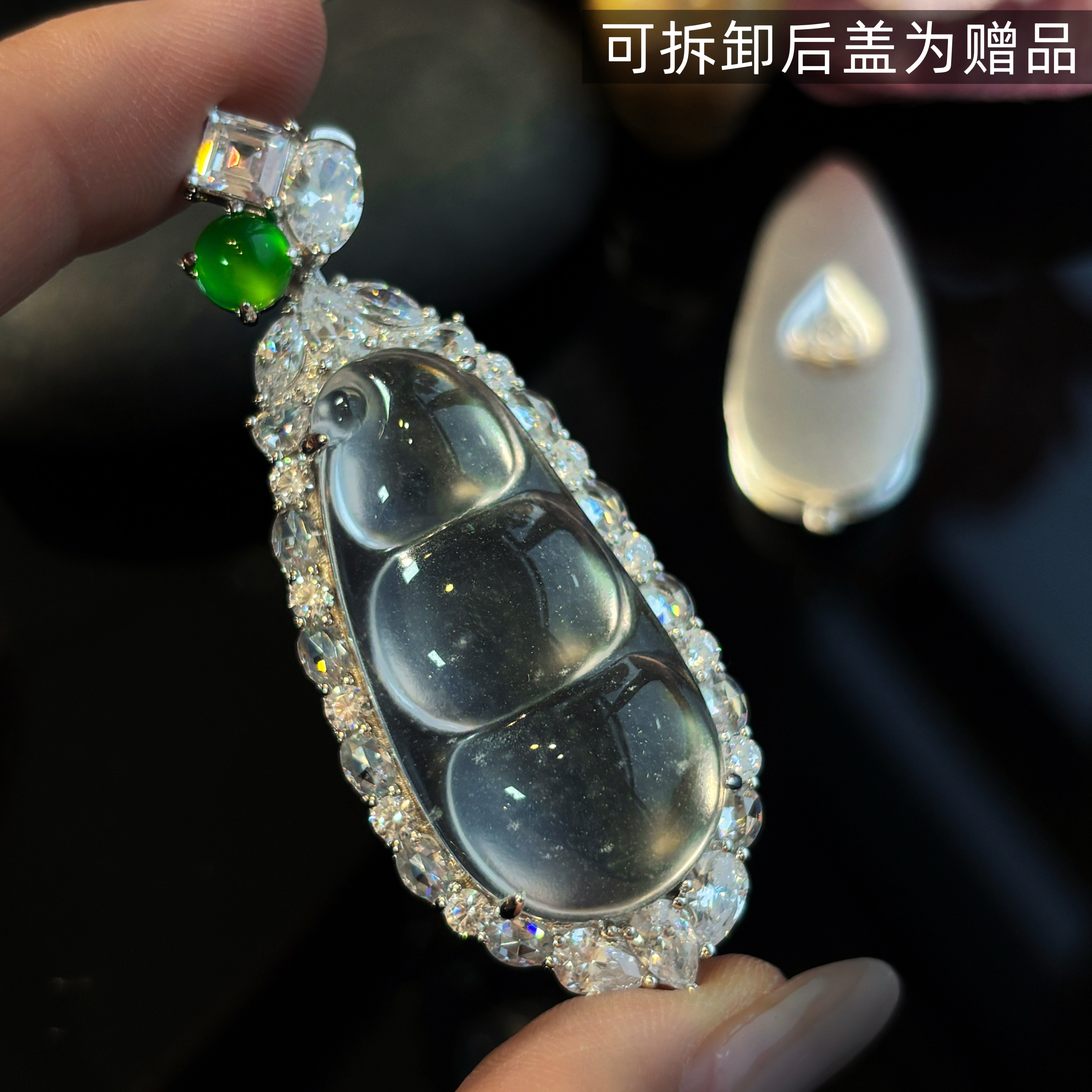 VISING天然石英质玉水沫玉大号玫瑰钻福豆吊坠豆子项链S925银