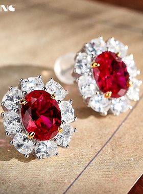 VISING珠宝培育合成红宝石鸽子蛋设计款耳钉耳饰