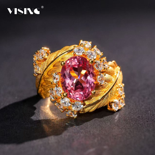 VISING珠宝3.64克拉实验室培育蓝宝石帕帕拉恰红莲花色刻丝戒指