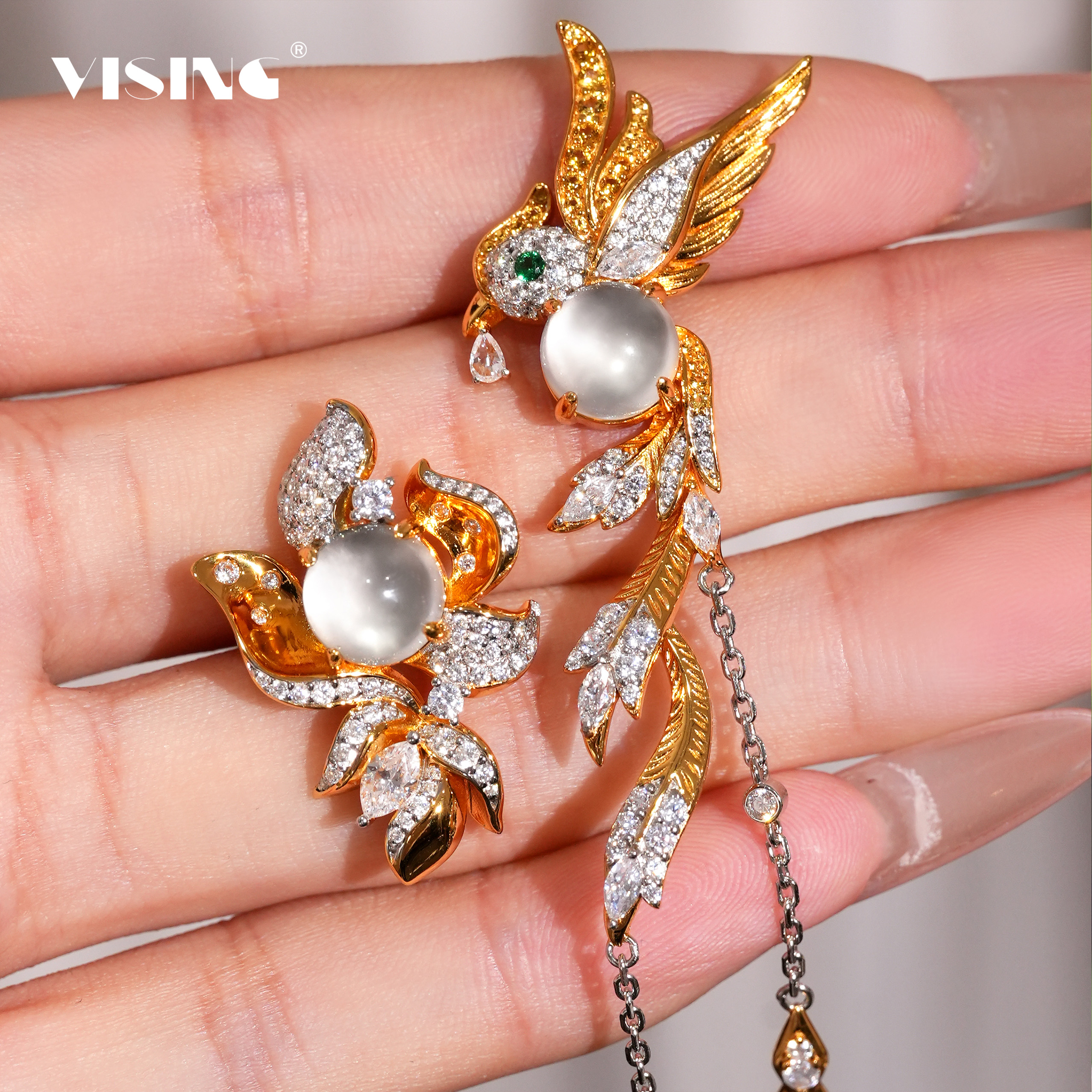 VISING珠宝天然水沫玉报喜鸟AB款耳环耳钉耳坠耳饰S925