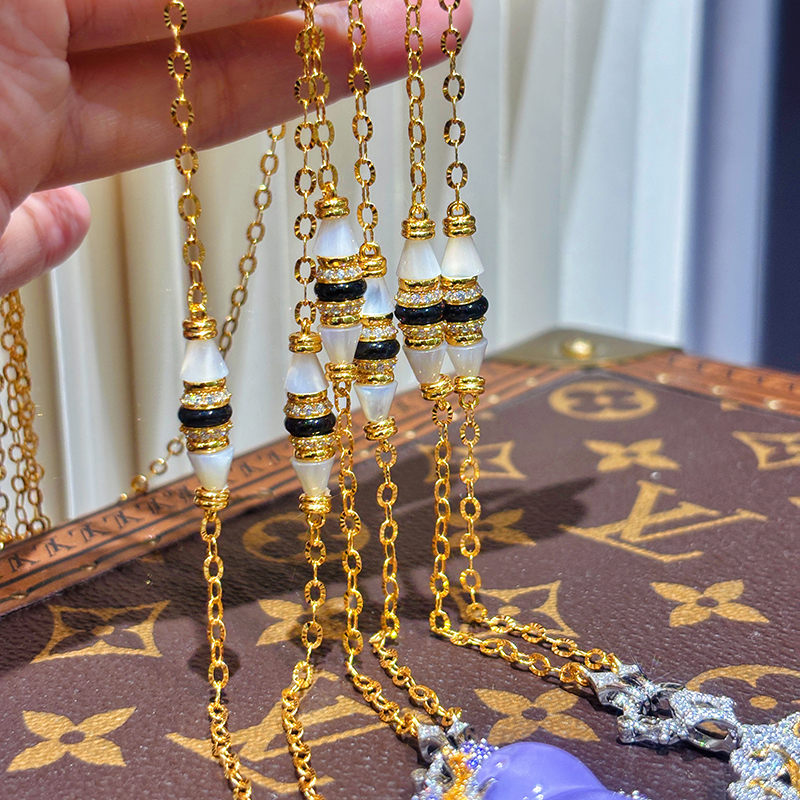 VISING金色白贝母超长百搭项链毛衣链百搭链S925银