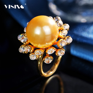VISING珠宝爆闪玫瑰切钻黄金色贝珠金珠戒指S925银