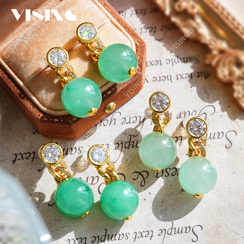 VISING天然独龙玉非洲翠冰飘翠白底青1克拉莫桑钻耳钉耳饰