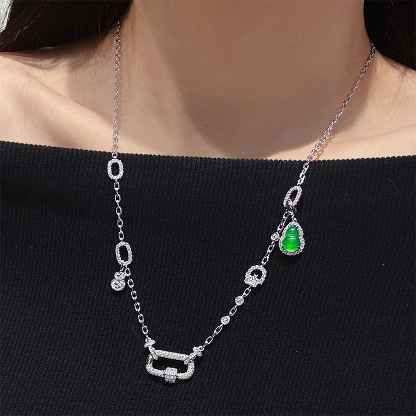 VISING珠宝爆闪爆火绿葫芦回形扣百搭链锁骨链项链奢华精致气质