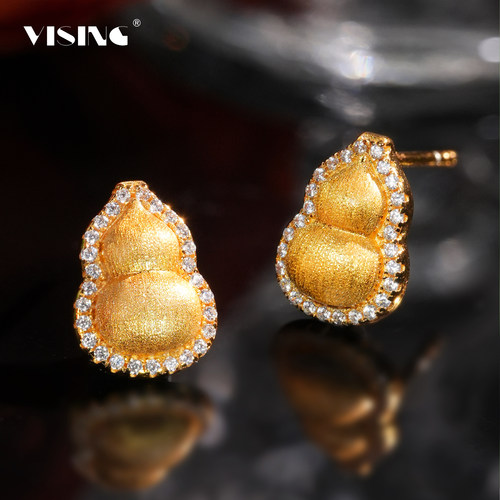VISING珠宝黄金色葫芦耳钉耳饰拉丝工艺S925银