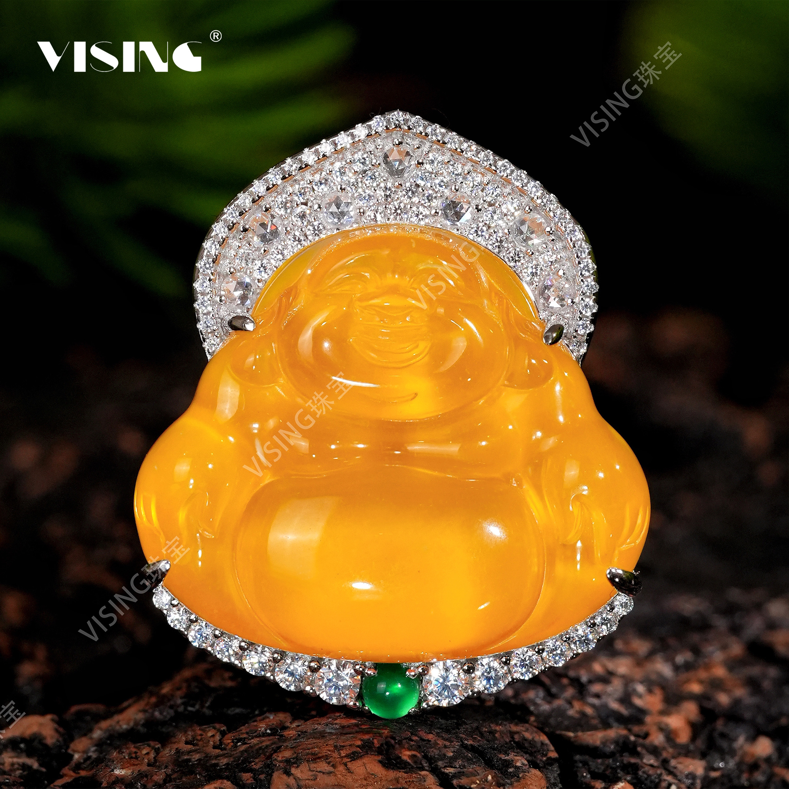 VISING珠宝冰黄满钻佛公吊坠项链