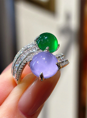 VISING珠宝天然石英质玉水沫紫罗兰二合一紫色绿色戒指国风新中式