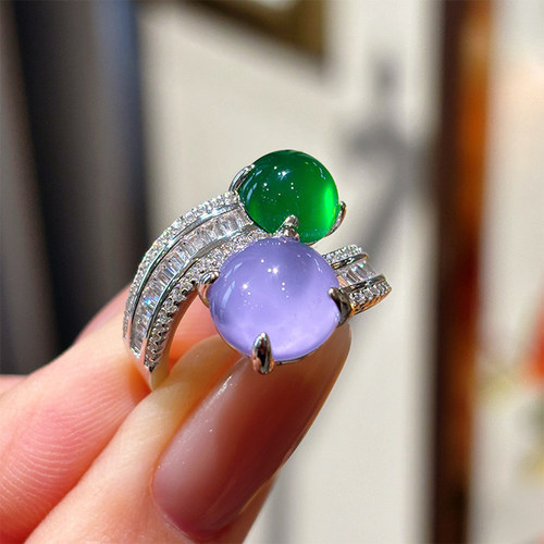 VISING珠宝天然石英质玉水沫紫罗兰二合一紫色绿色戒指国风新中式