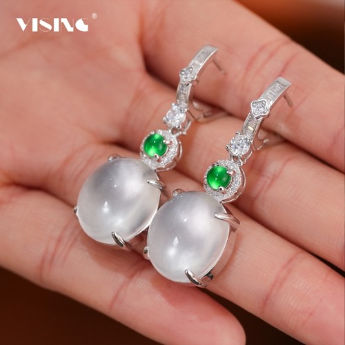 VISING珠宝天然水沫玉石英质玉大鸽子蛋白冰耳环耳坠耳饰