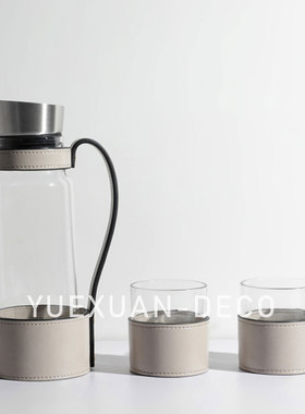 粤萱简约玻璃皮革水具水壶水杯样板间酒店客厅茶几餐厅托盘摆件
