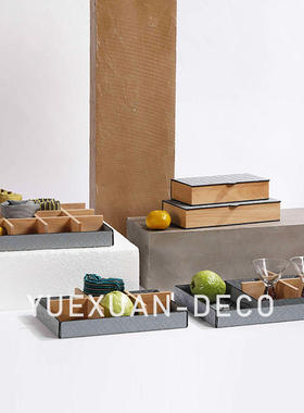 粤萱简约现代皮革实木收纳盒首饰盒托盘摆件售楼处样板间酒店软装