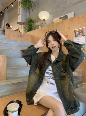 欧货2024早春新款牛仔外套女休闲复古夹克设计感街头潮牌破洞上衣