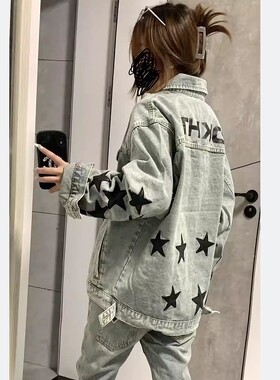 美式复古星星刺绣水洗做旧牛仔外套男女ins高街宽松夹克潮牌上衣