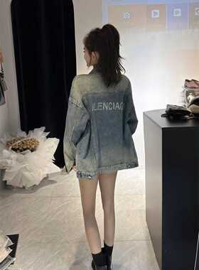 美式复古烫钻字母百搭宽松磨破休闲网红同款夹克上衣oversize外套