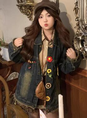 艺术生复古水洗渐变蓝小个子牛仔外套女bf设计感宽松百搭春秋夹克