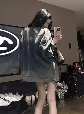 美式做旧复古烫钻字母牛仔外套水洗做旧磨破重工潮牌oversize夹克