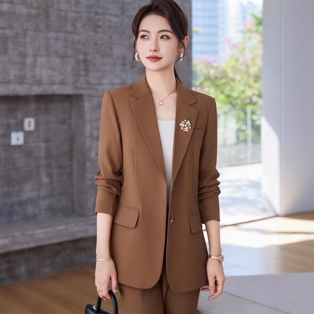 棕色长袖小西装领外套女裤子春秋冬季新款职业优雅时尚两件套装