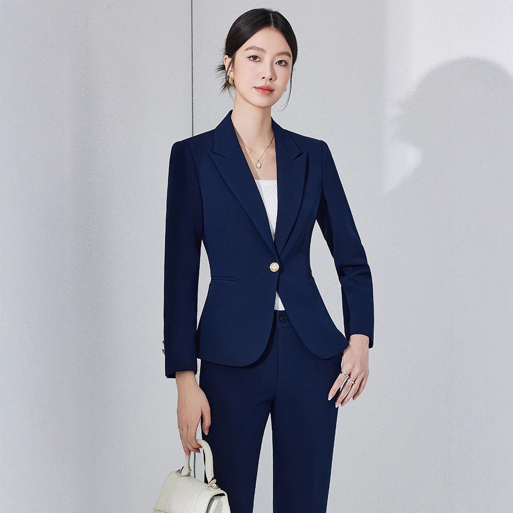 蓝色长袖小西装领外套女裤子裙子春秋冬季2025年新款三件套装气质