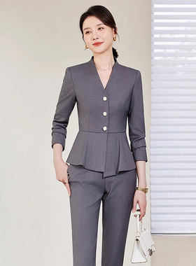 24年春秋冬季新款灰色长袖V领职业小西装外套女裤子两件套装通勤